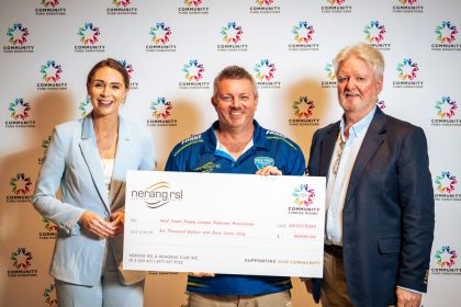 GCRLRA referees and committee members accept a donation from Nerang RSL to support training, uniforms and gear for local rugby league match officials.