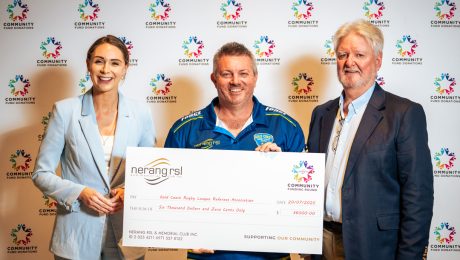 GCRLRA referees and committee members accept a donation from Nerang RSL to support training, uniforms and gear for local rugby league match officials.