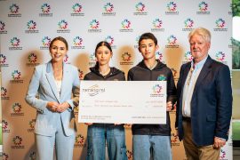 Sarah Kelly and Ben Kelly from Gold Coast Volleyball Club hold their Community Fund cheque from Nerang RSL at Community Donation Day on Sunday 20 July 2025.