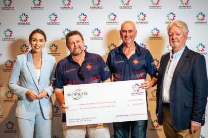 Mudgeeraba-Nerang-&-Districts-Cricket-Club Mudgeeraba Nerang & Districts Cricket Club Committee Members hold their Community Fund cheque from Nerang RSL at Community Donation Day on Sunday 20 July 2025.