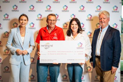 Nerang Celebrates organisers receiving a Community Fund cheque from Nerang RSL to support fireworks and event logistics for the 2025 Christmas celebration.
