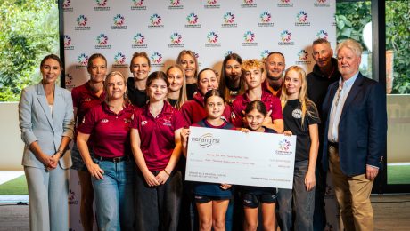 Committee members, volunteers and junior players from Nerang RSL Hino Touch Football Club holding their Community Fund cheque at Donation Day on Sunday 20 July 2025.