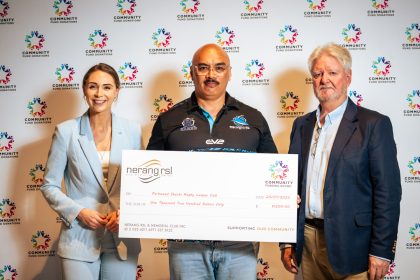 Parkwood Sharks Rugby League Club President Tane Hohua accepts a Community Fund cheque at Donation Day on Sunday 20 July 2025.