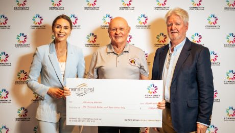 Wandering Warriors Director Audie Moldre pictured at Community Donation Day receiving funding support for the 2026 Memorial Warrior Cup.