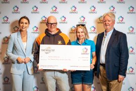 Representatives from Roosters Hockey Club accepting a Community Fund cheque during Community Donation Day at Nerang RSL on 22 July 2025.