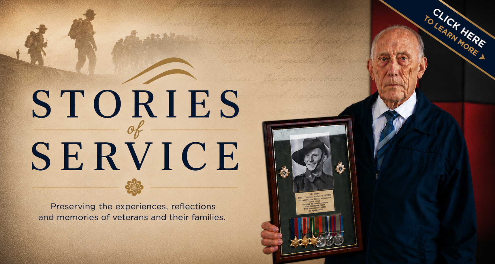 Stories of Service Hero Banner | Nerang RSL Nerang RSL Member holding framed military photograph and medals for Nerang RSL Stories of Service campaign